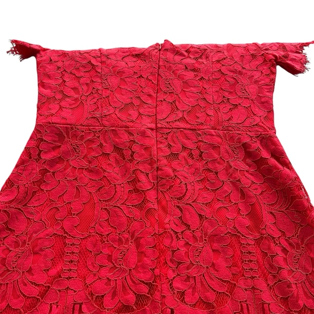 MSLG Womens Sz Large Bright Red Floral Lace Short Sleeve Round Neck A-line Dress